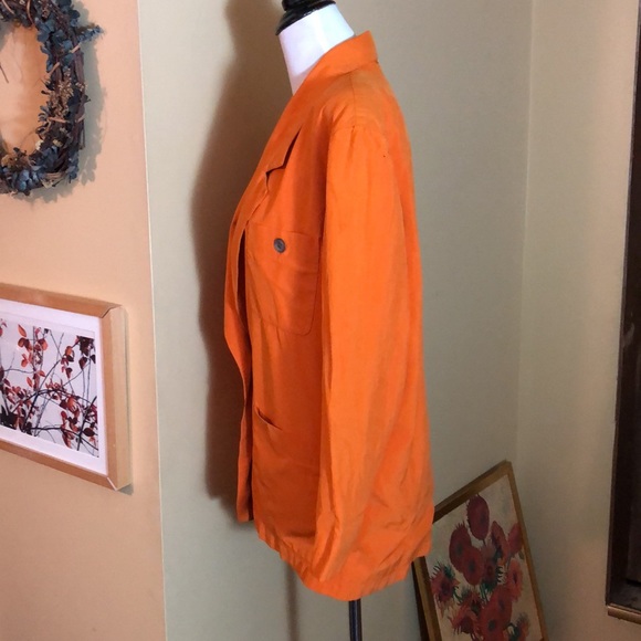 VINTAGE’80s Anne Klein II Size Medium 100% Silk Vivid Orange Longline Blazer - Picture 5 of 16